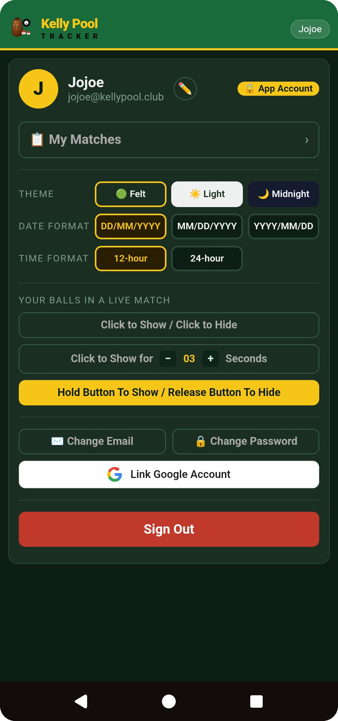 Account page with theme, date format, and time format