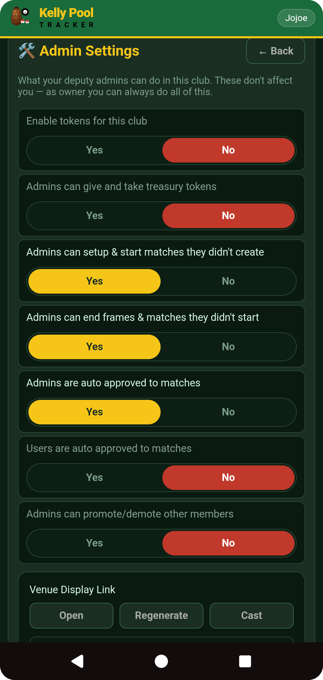 Admin Settings — Yes/No toggle list and Venue Display Link controls
