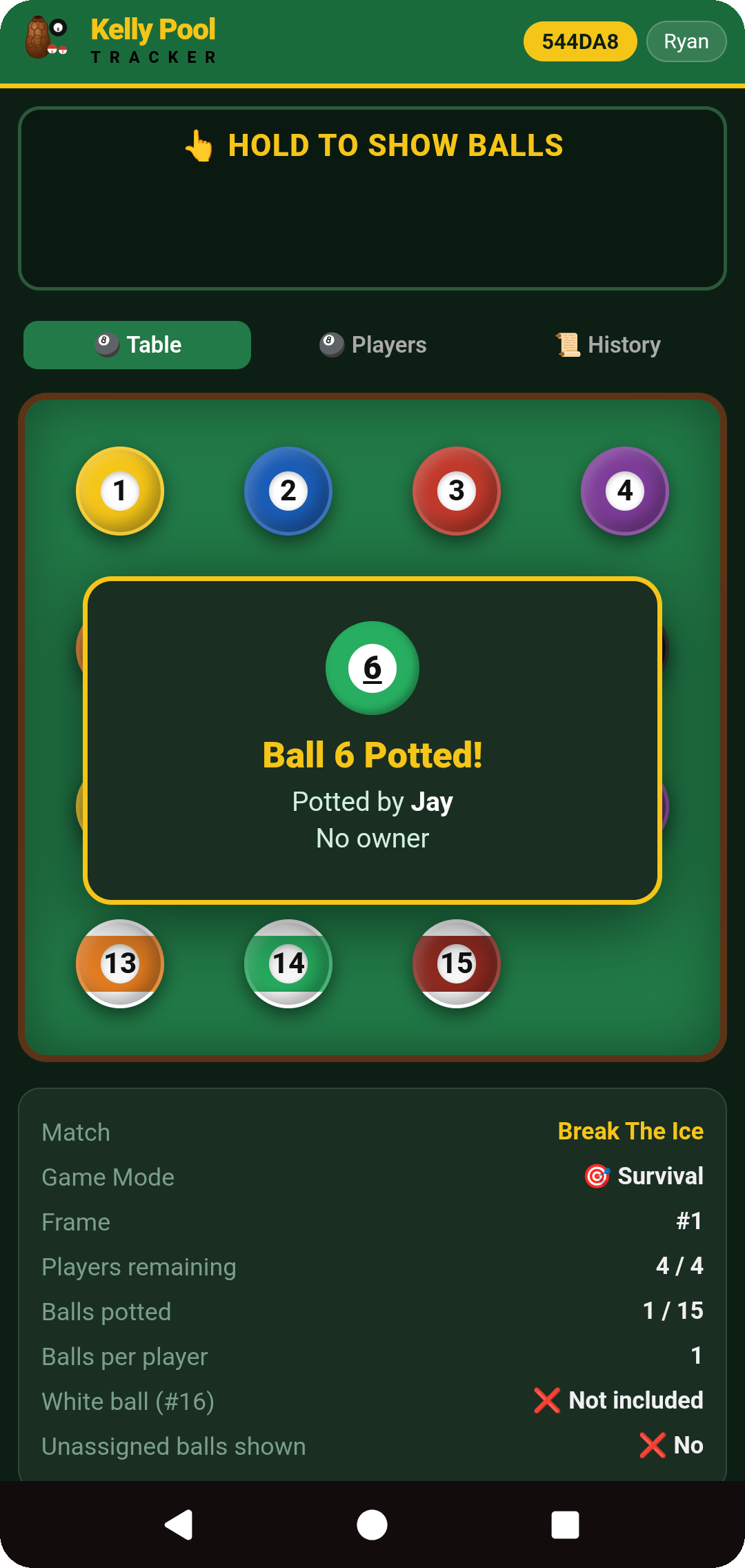 Ball potted confirmation overlay