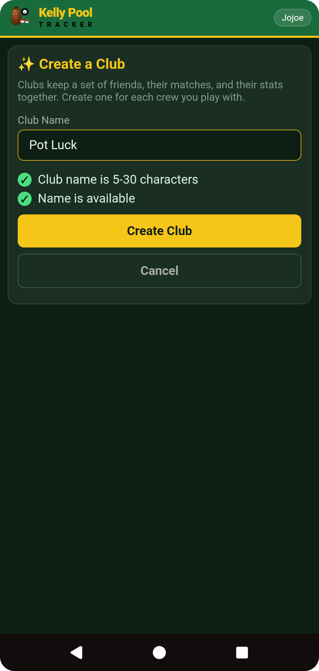 Create a Club screen with live name checks