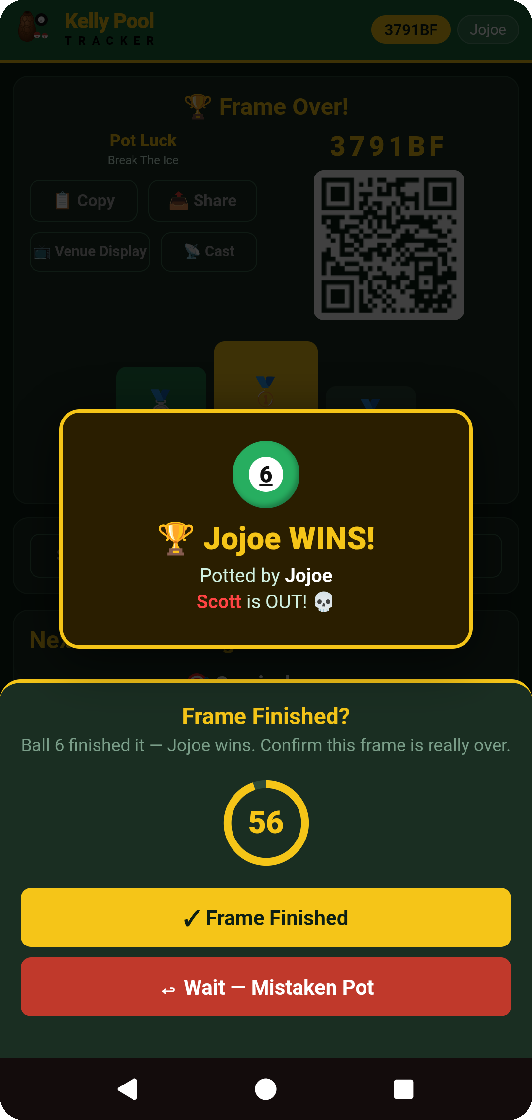 Frame Over — winning ball, winner, elimination, and the Frame Finished countdown