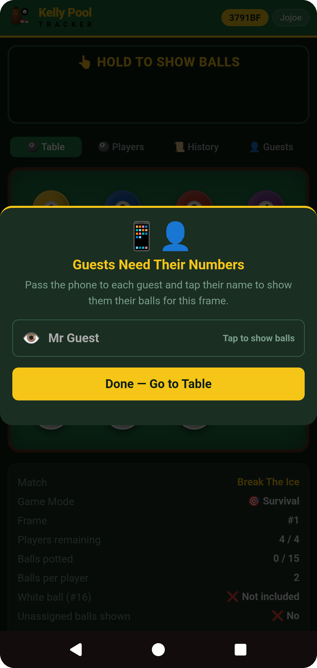 Guests Need Their Numbers — tap a guest to show their balls