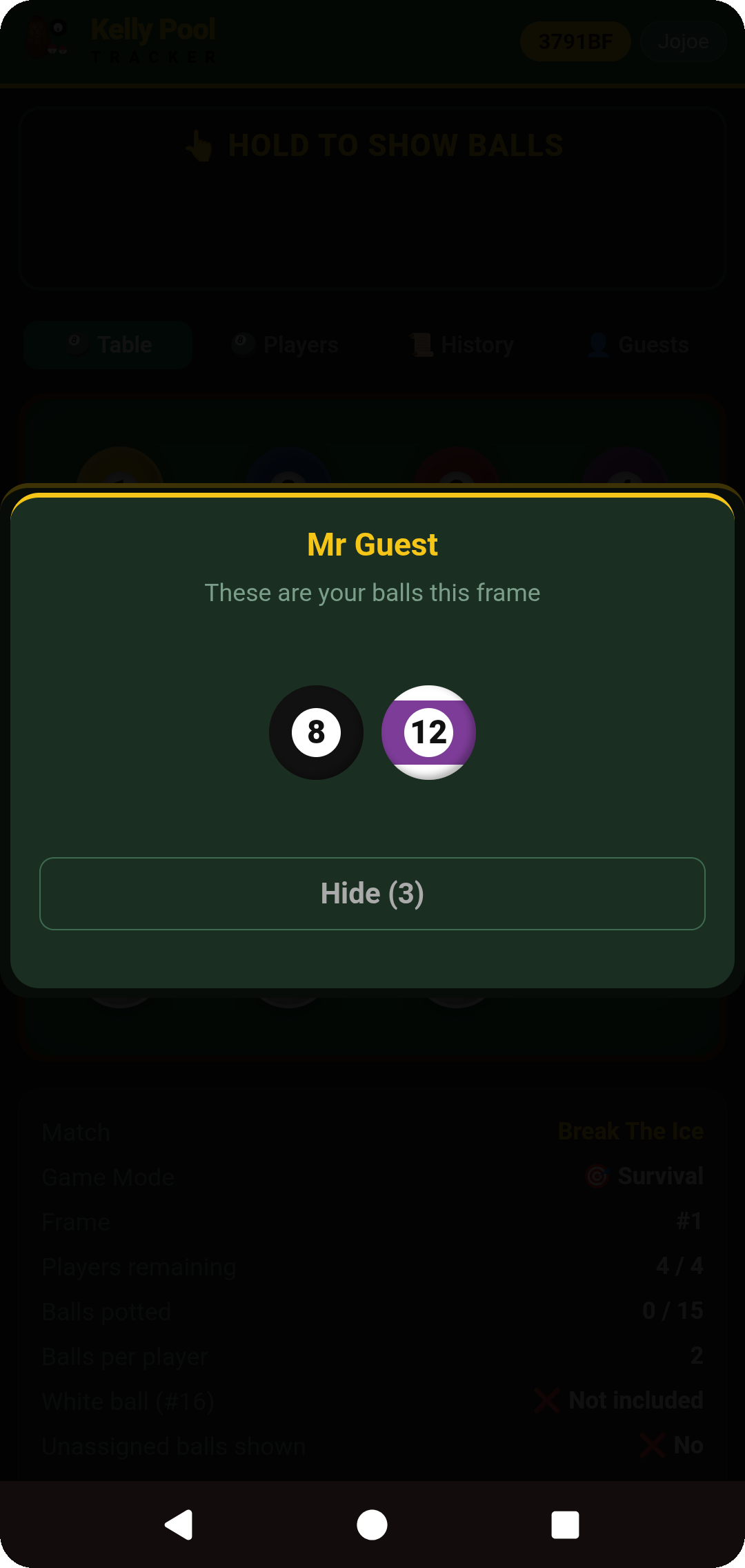 Guest's balls shown for this frame, with a Hide countdown button