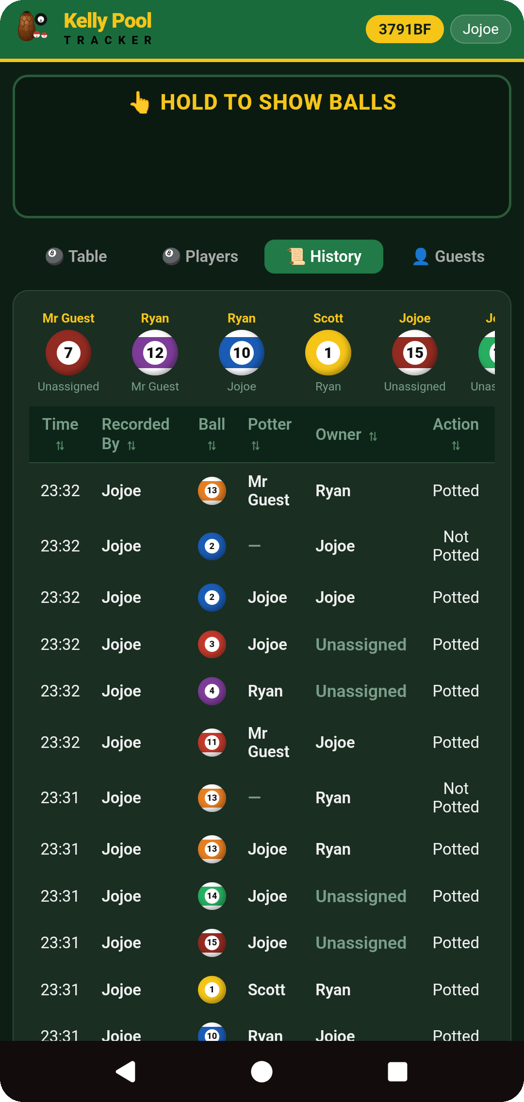 History tab — pot-by-pot log with time, recorder, ball, potter, owner, and action