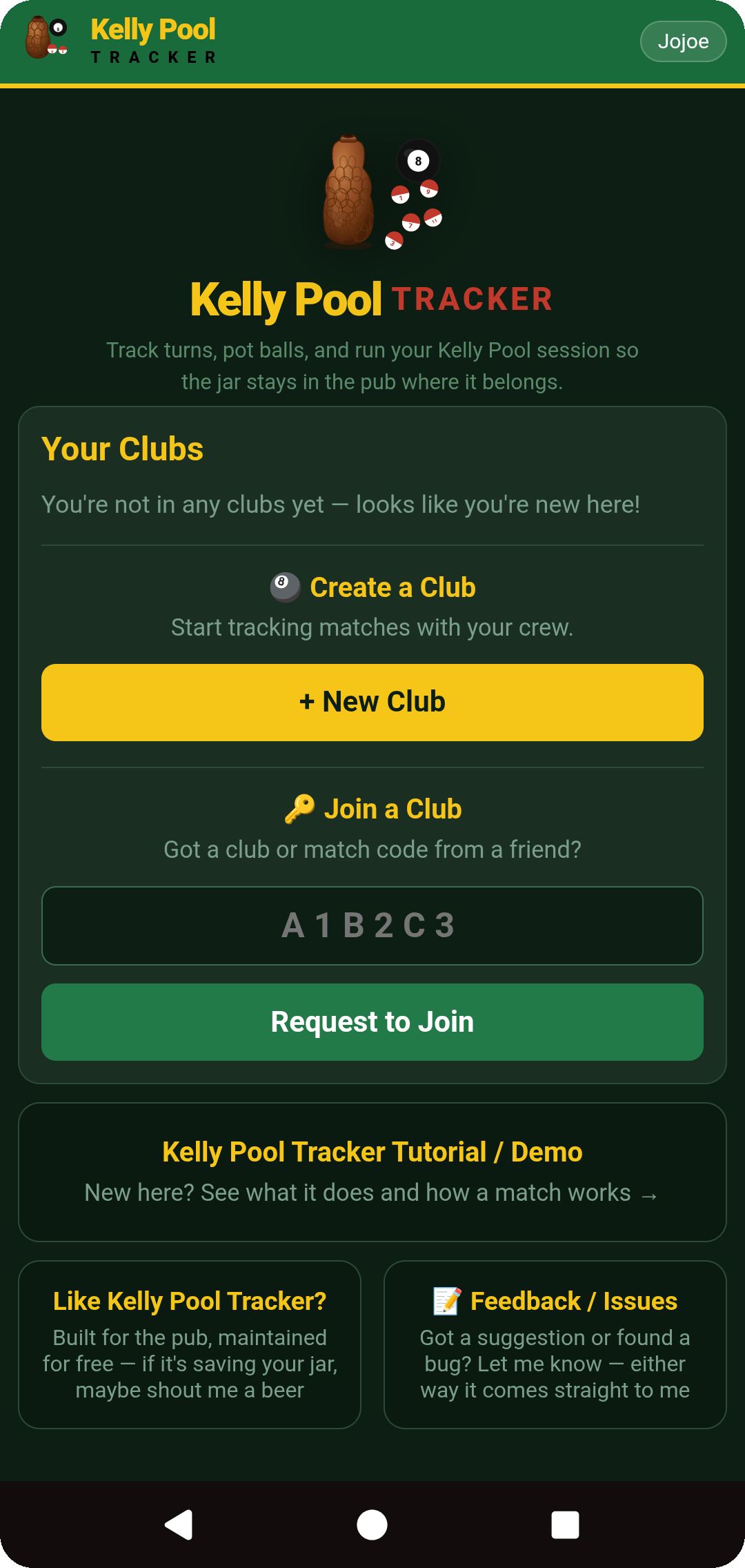 Home screen for a brand-new account — Your Clubs empty, Create or Join