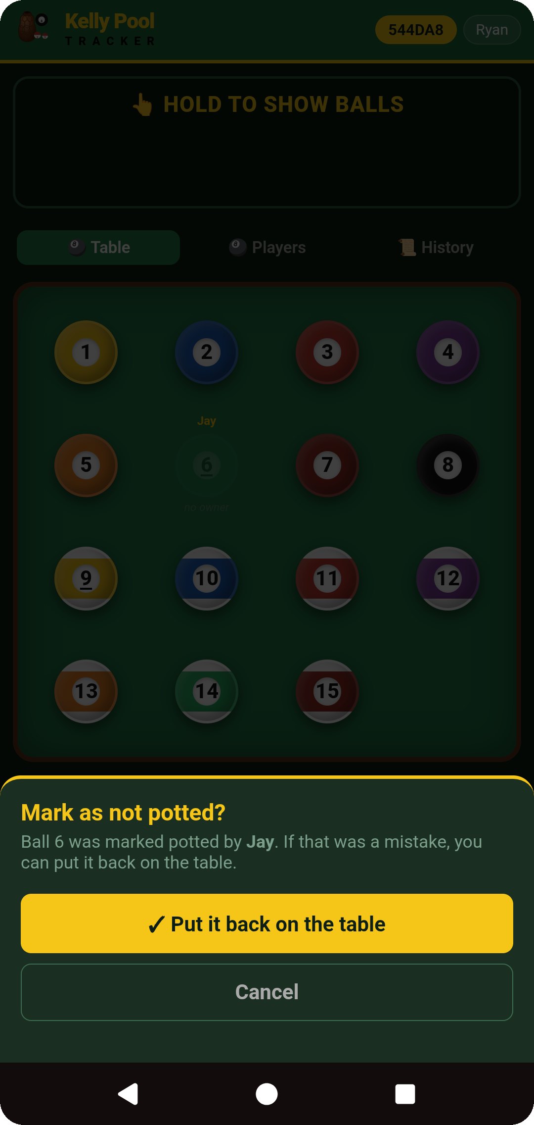 Mark as not potted? — put the ball back on the table