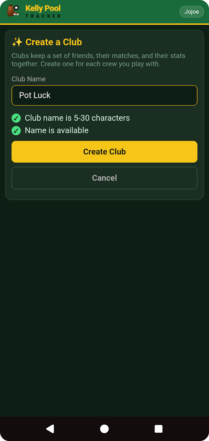 Create a Club — live name availability checks