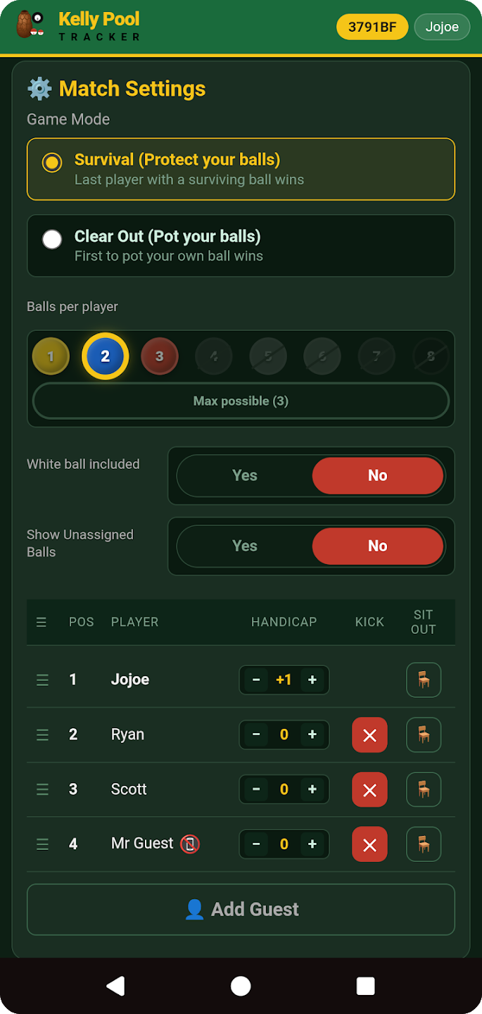 Match Settings — Game Mode, Balls per player, roster with handicap and Sit Out