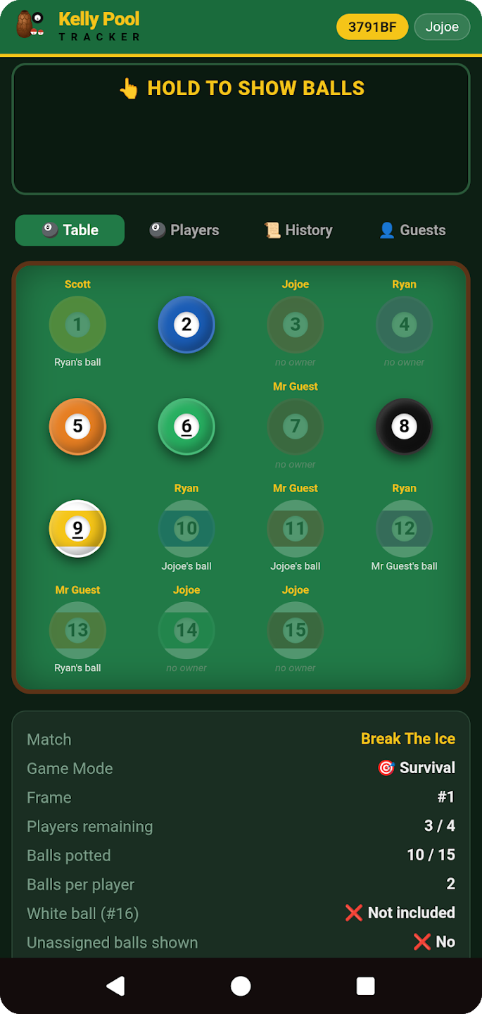Live match — Table view with Hold to Show Balls and the match status card