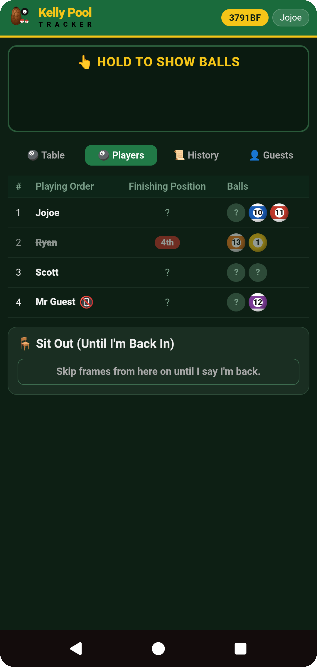 Players tab — playing order, finishing positions, potted and remaining balls, Sit Out