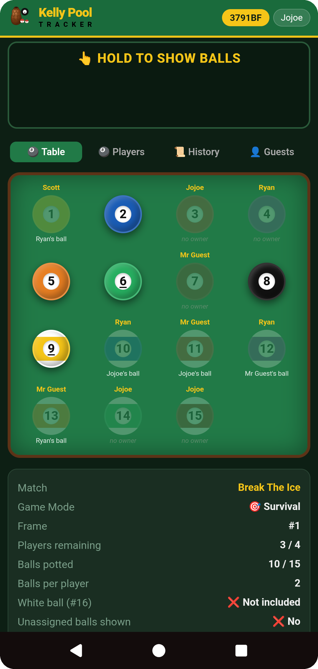 Table tab — ball grid, potted balls dimmed with owners revealed, your own balls hidden