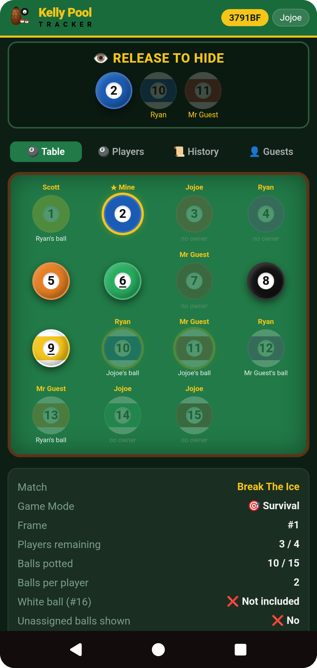 Hold to show balls — your own balls highlighted with Release to Hide