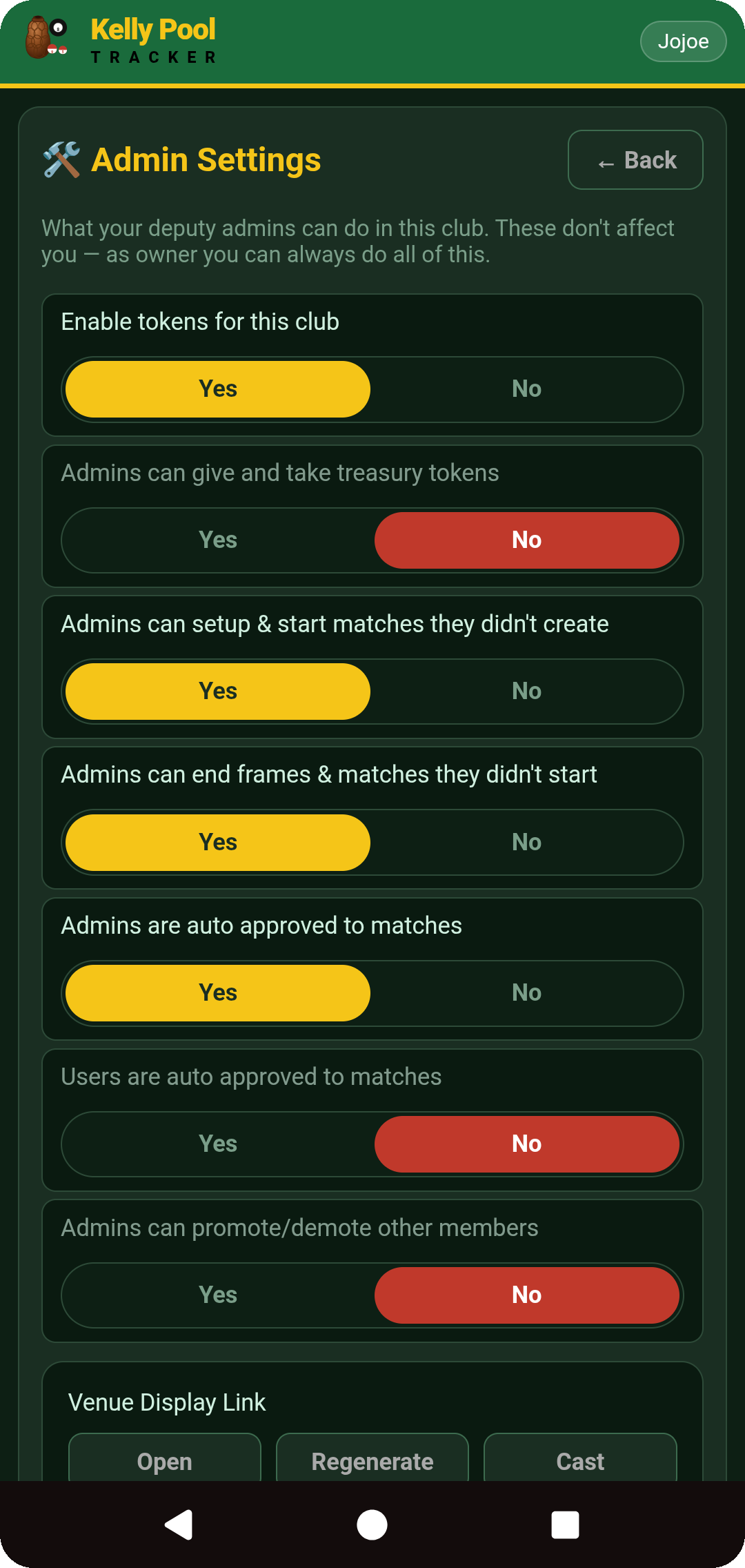 Admin Settings — Enable tokens for this club toggle