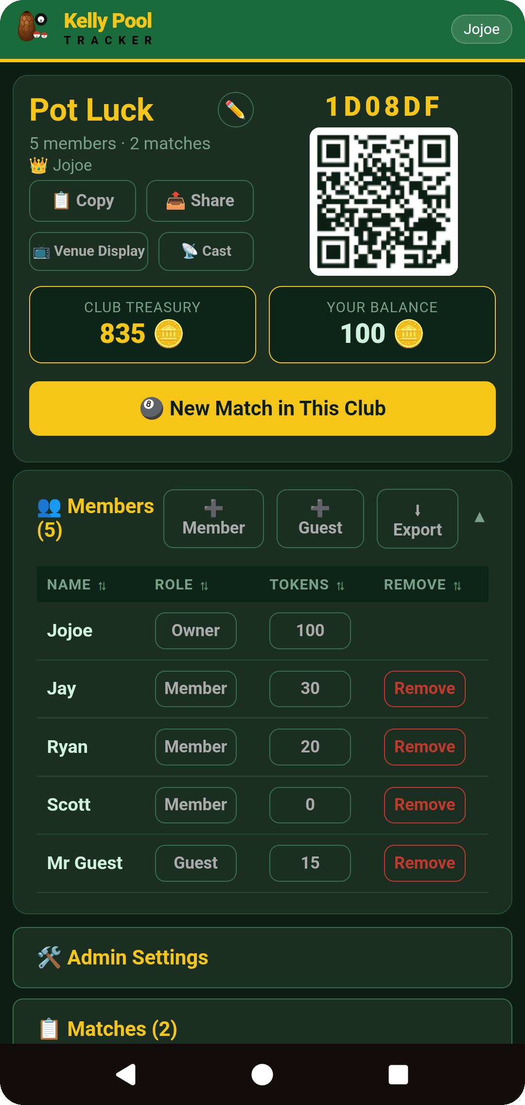 Club Screen with the treasury drawn down and members holding token balances