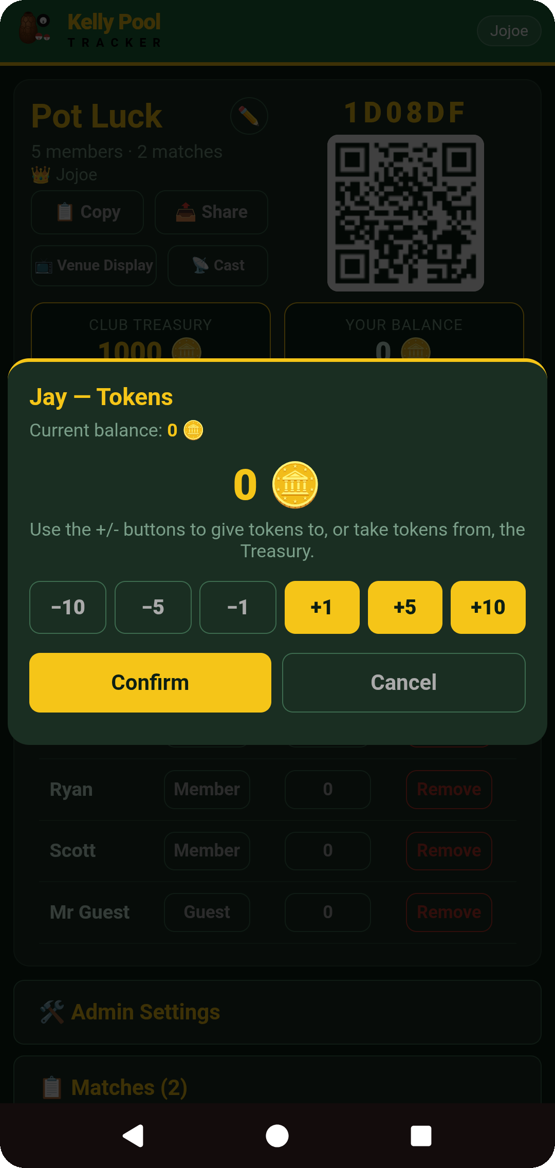 Member Tokens modal with +1/+5/+10 and -1/-5/-10 buttons against the treasury