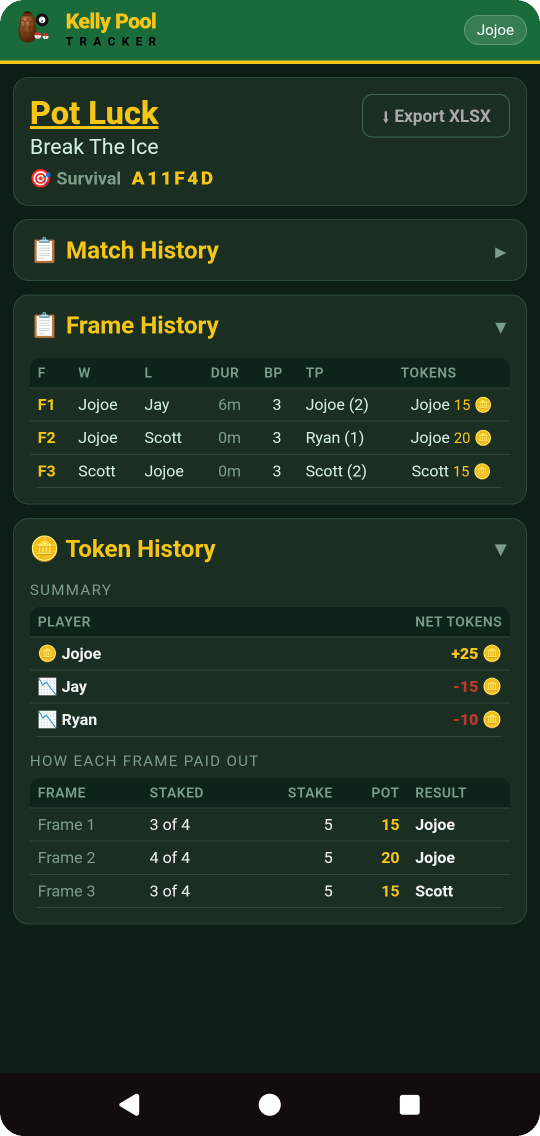 Token History on the match screen — net tokens per player and how each frame paid out