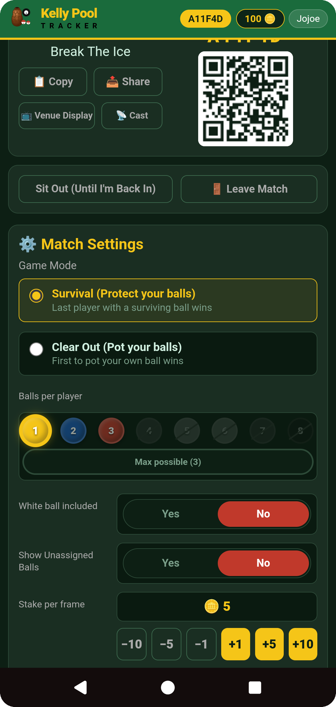 Lobby / Match Settings screen with Stake per frame control, tokens balance shown in the header
