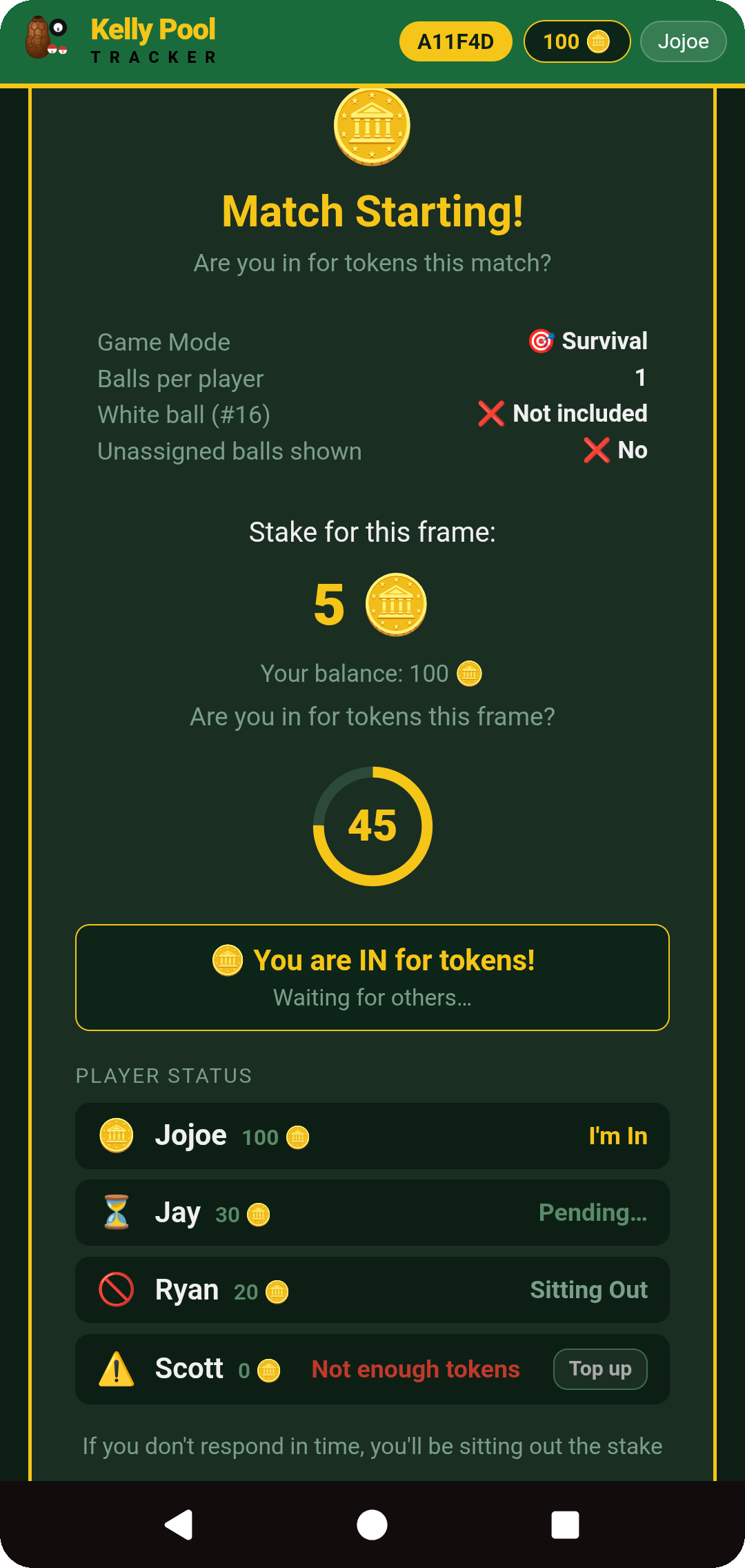 Match Starting screen asking Are you in for tokens this frame, with a countdown and player status list