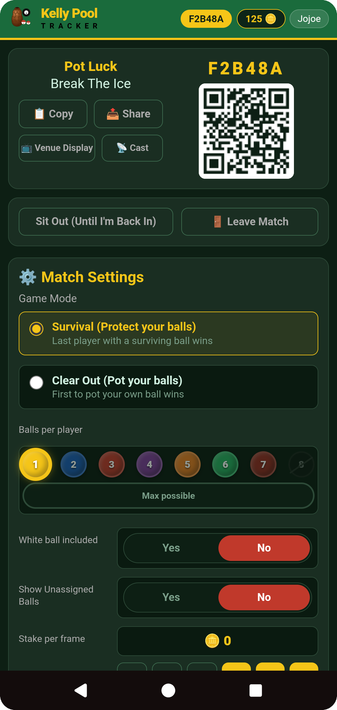 Match lobby — Copy, Share, Venue Display and Cast buttons above the join code and QR