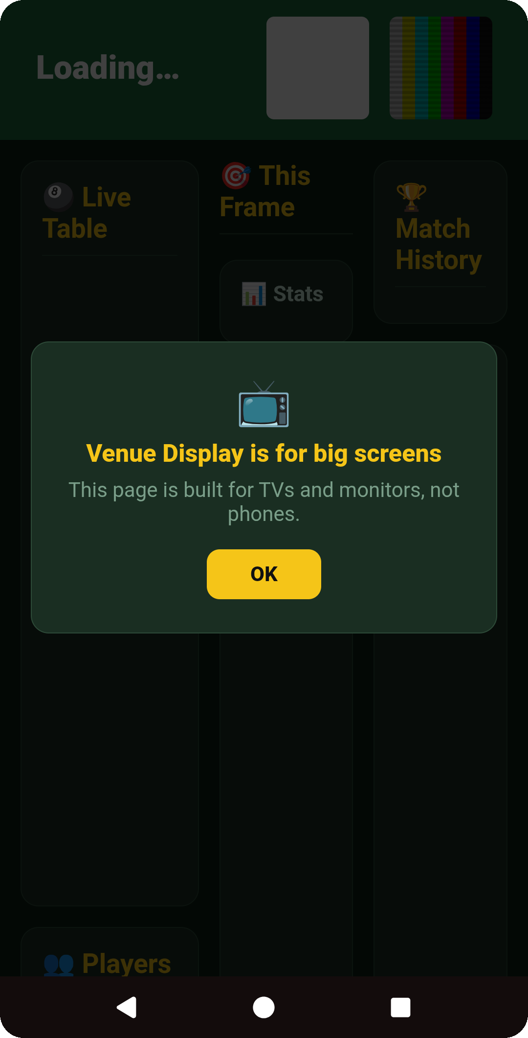 Venue Display is for big screens — the notice shown when the direct link is opened on a phone