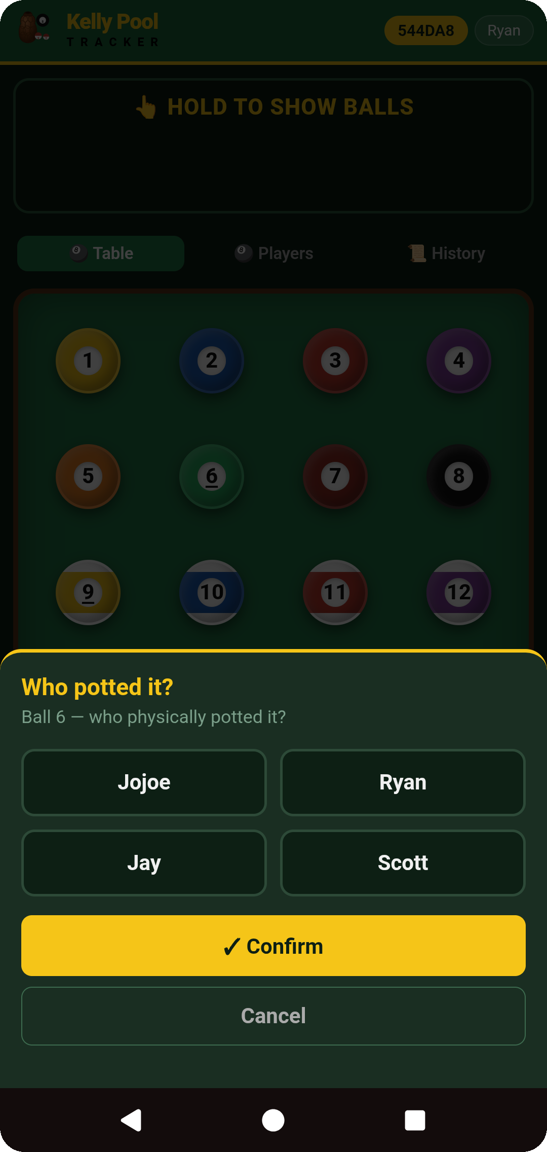 Who potted it? confirmation prompt